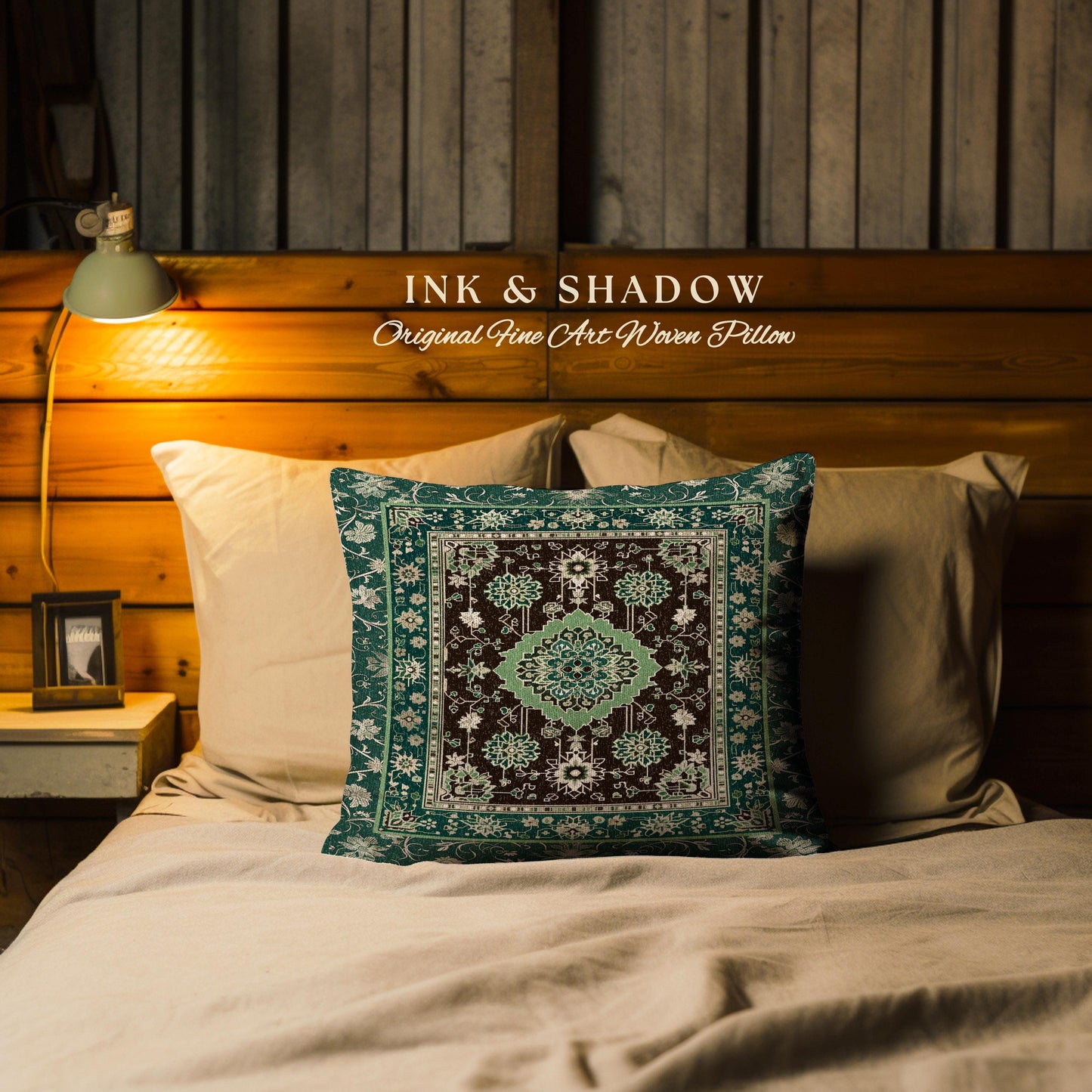 Dark Academia Emerald Statement Pillow Ornate Tapestry Cushion Maximalist Blue Green Details Vintage Cottagecore Victorian Gothic Aesthetic