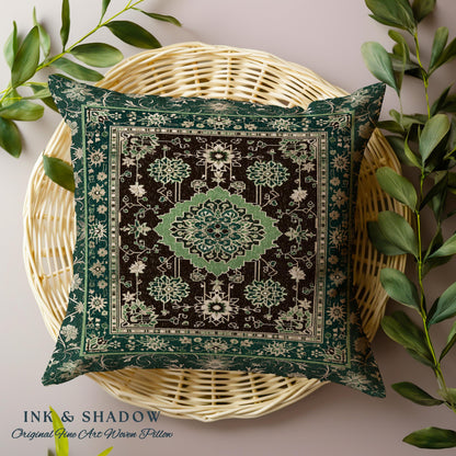 Dark Academia Emerald Statement Pillow Ornate Tapestry Cushion Maximalist Blue Green Details Vintage Cottagecore Victorian Gothic Aesthetic