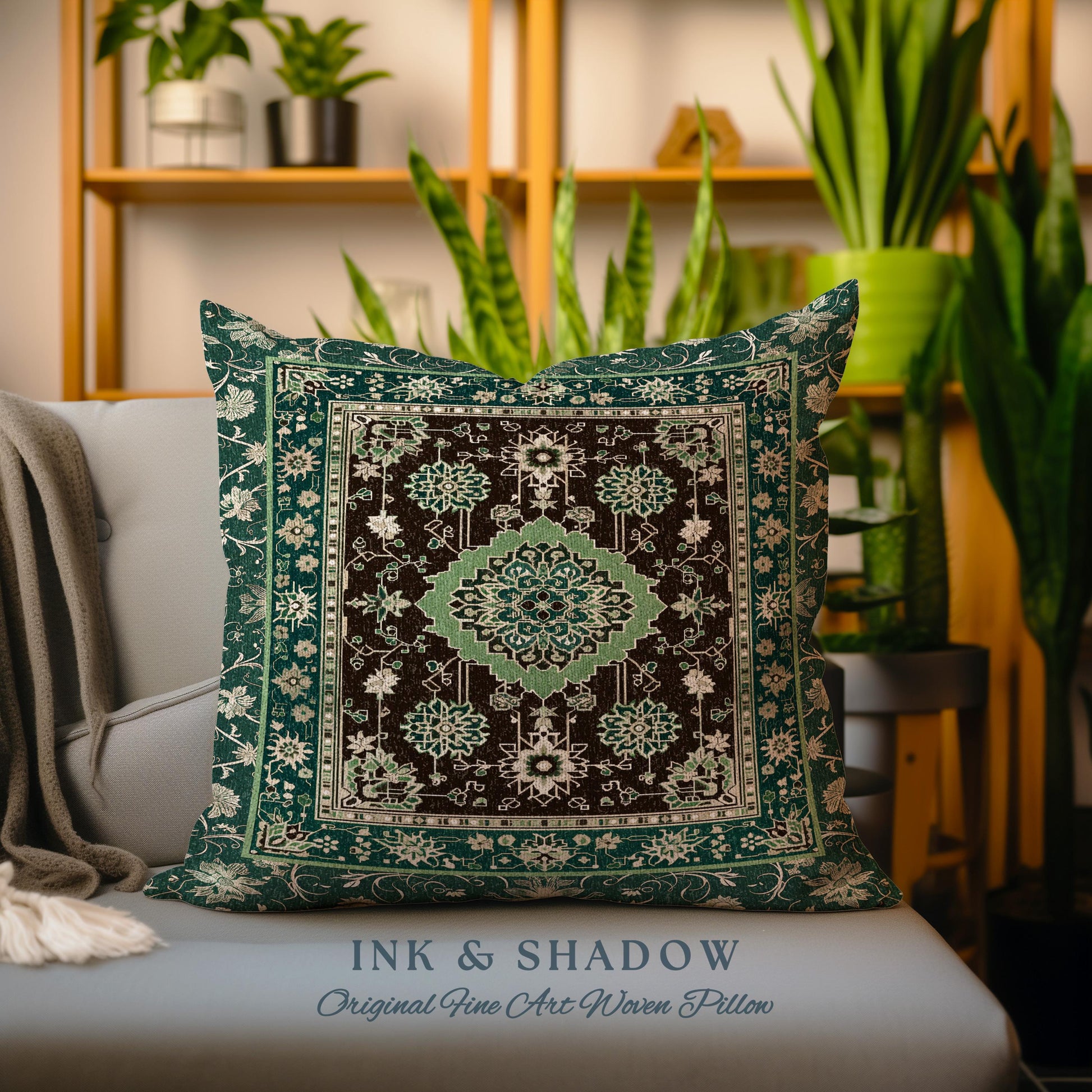 Dark Academia Emerald Statement Pillow Ornate Tapestry Cushion Maximalist Blue Green Details Vintage Cottagecore Victorian Gothic Aesthetic