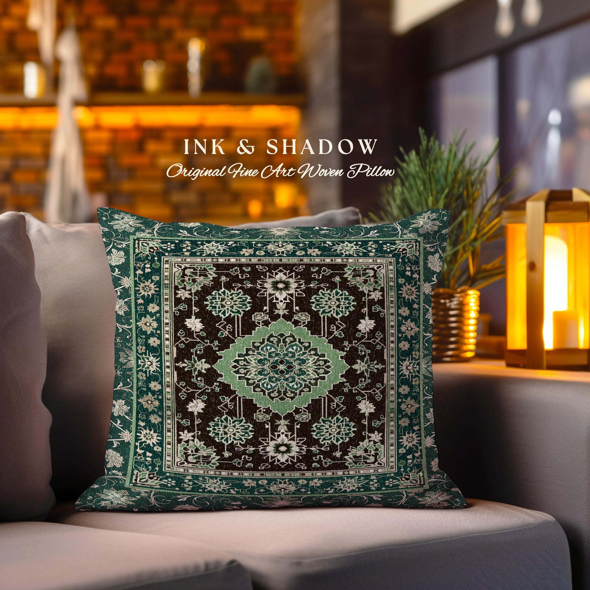 Dark Academia Emerald Statement Pillow Ornate Tapestry Cushion Maximalist Blue Green Details Vintage Cottagecore Victorian Gothic Aesthetic