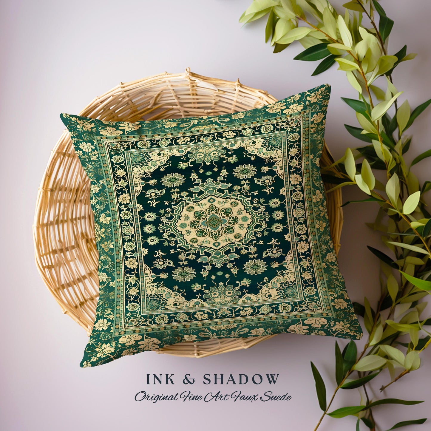 Victorian Gothic Ornate Baroque Pillow Bohemian Emerald Green & Antique Gold Dark Academia Vintage Art Aesthetic Maximalist Tapestry Cushion