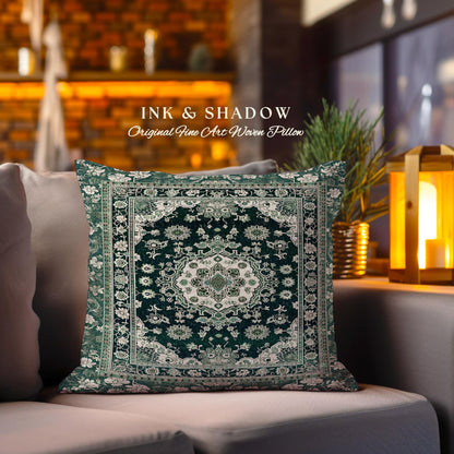 Victorian Gothic Ornate Baroque Pillow Bohemian Emerald Green & Antique Gold Dark Academia Vintage Art Aesthetic Maximalist Tapestry Cushion