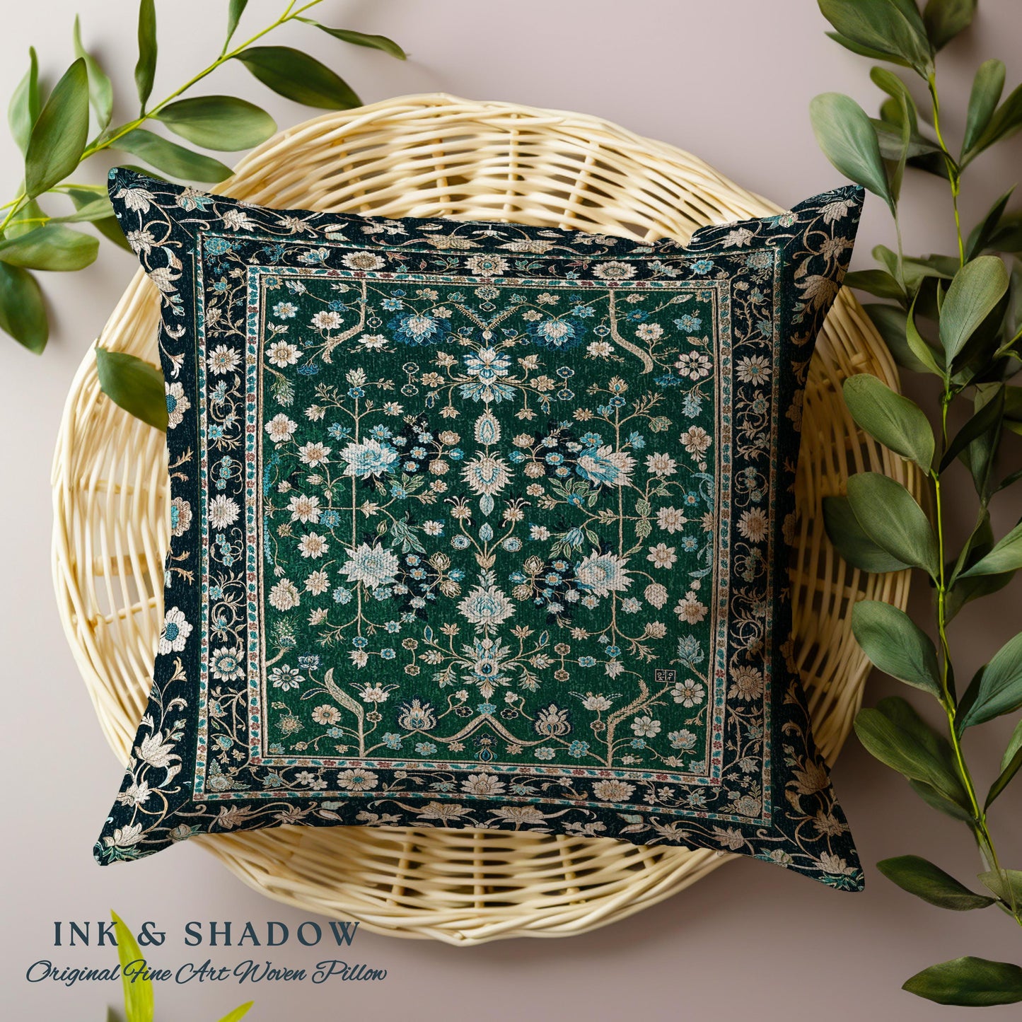 Muted Green Boho Cottagecore Pillow Ornate Victorian Baroque Whimsical Maximalism, Emerald & Pastel Blue Elegant Bohemian Tapestry Cushion