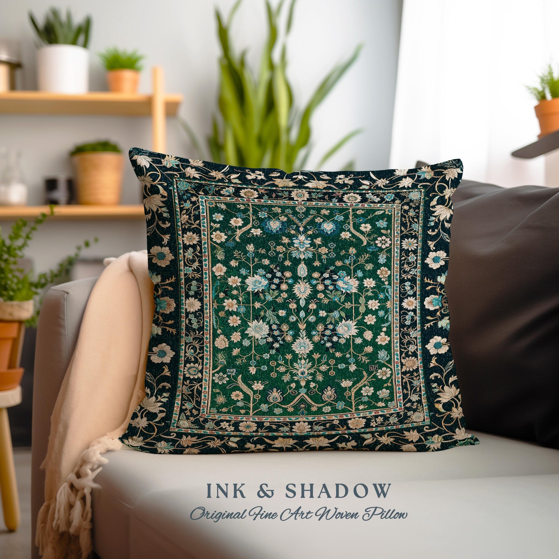 Muted Green Boho Cottagecore Pillow Ornate Victorian Baroque Whimsical Maximalism, Emerald & Pastel Blue Elegant Bohemian Tapestry Cushion