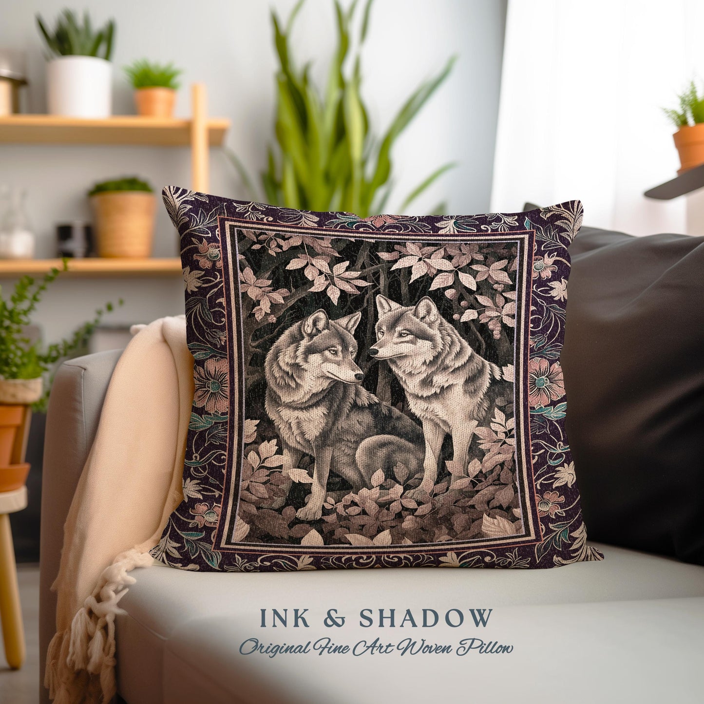 Mystic Wolf Woodland Gothic Pillow Enchanted Forest Wolves Nature Art, Victorian Dark Cottagecore Vintage Botanical Whimsy Tapestry Cushion