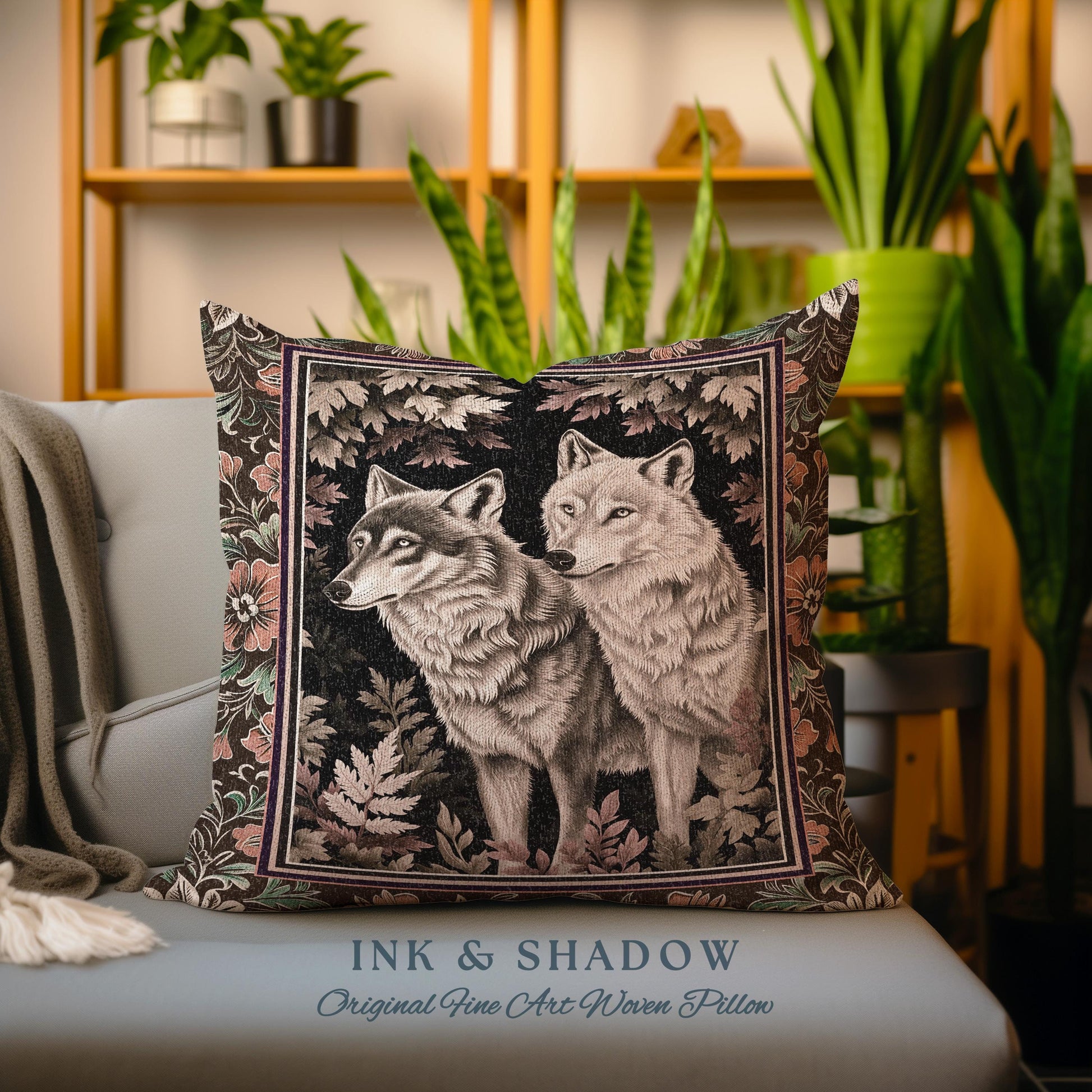 Victorian Gothic Wolf Pillow Dark Enchanted Forest Antique Baroque Decor Whimsical Woodland Wolves Art Medieval Cottagecore Tapestry Cushion