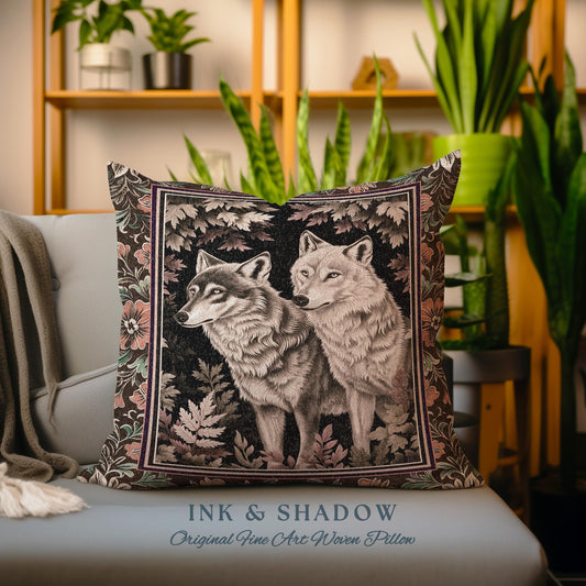 Victorian Gothic Wolf Pillow Dark Enchanted Forest Antique Baroque Decor Whimsical Woodland Wolves Art Medieval Cottagecore Tapestry Cushion