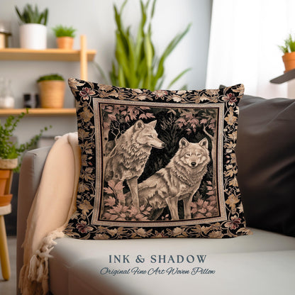 Scandi Woodland Wolf Pillow Nordic Style Whimsical Cottagecore Victorian Gothic Fairytale Decor Enchanted Forest Wolves Art Tapestry Cushion