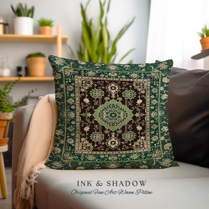 Dark Academia Emerald Statement Pillow Ornate Tapestry Cushion Maximalist Blue Green Details Vintage Cottagecore Victorian Gothic Aesthetic