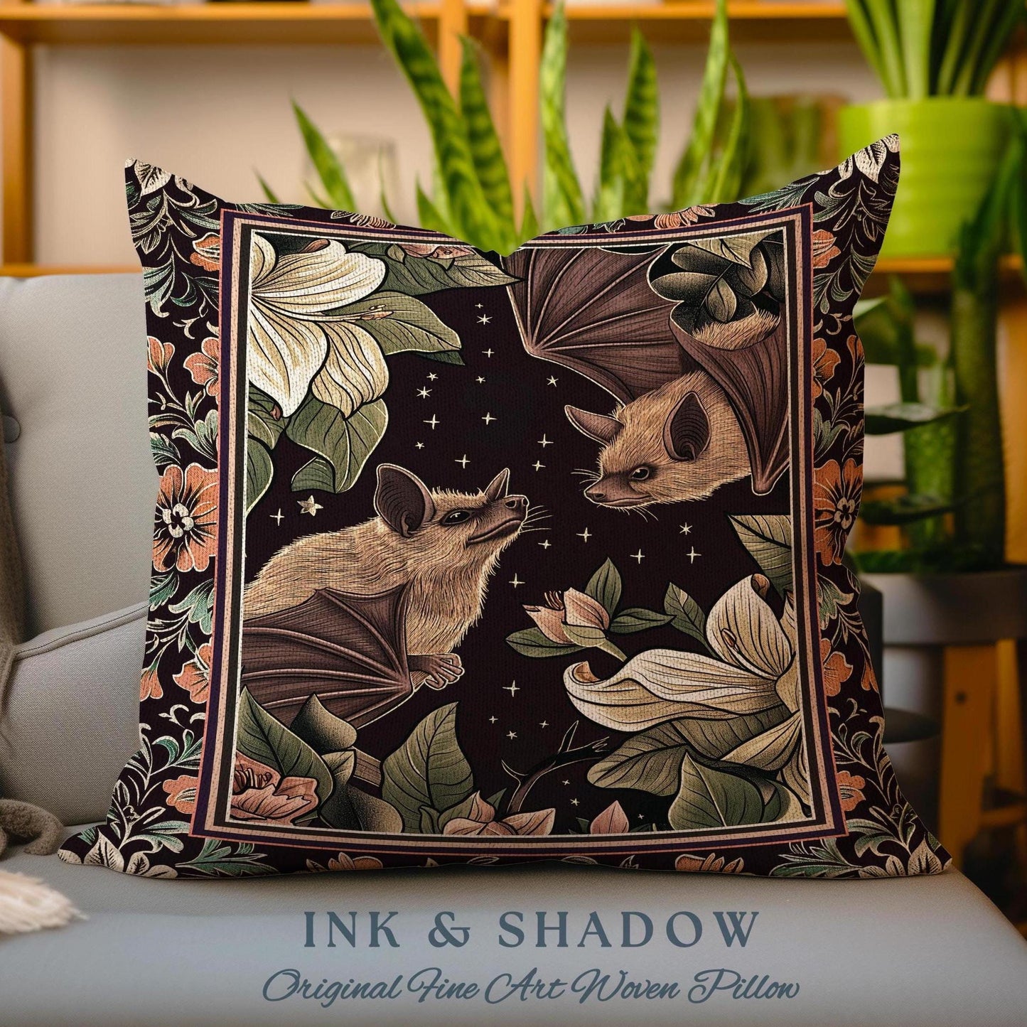 Vintage Aesthetic Bat Pillow Dark Cottagecore Celestial Floral Decor, Whimsigothic Tapestry Cushion Starry Night Botanical Bat Lovers Accent