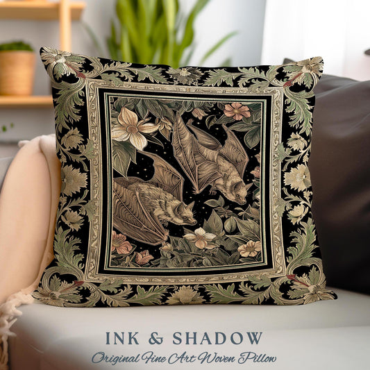 Cottagegoth Goblincore Bat Lovers Pillow Gothic Cottagecore, Dark Woodland Bat Art Ethereal Botanical Tapestry Cushion Boho Grunge Fairycore