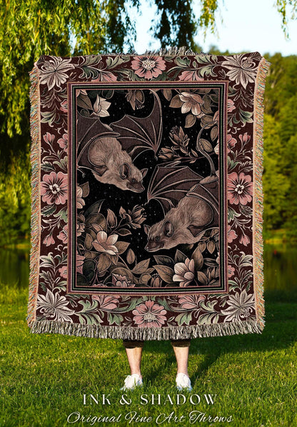 Victorian Gothic Floral Bat Blanket Woven Celestial Whimsigoth Art Tapestry Throw | Witchy Macabre Occult Cozy Dark Cottagecore Home Accent