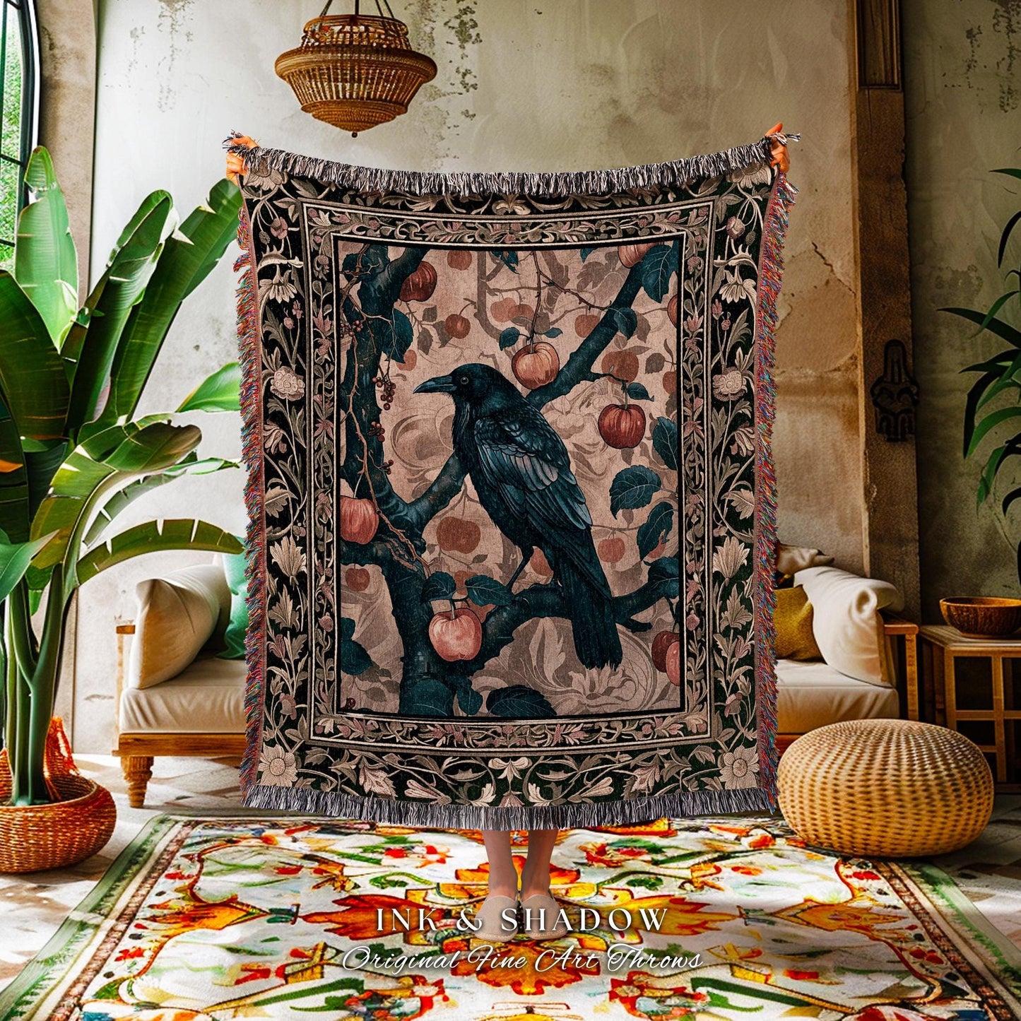 Victorian Raven Enchanted Forest Blanket Whimsical Woodland Gothic Apple Tree Tapestry | Dark Cottgecore Cottage Goth Crowcore Fairy Grunge