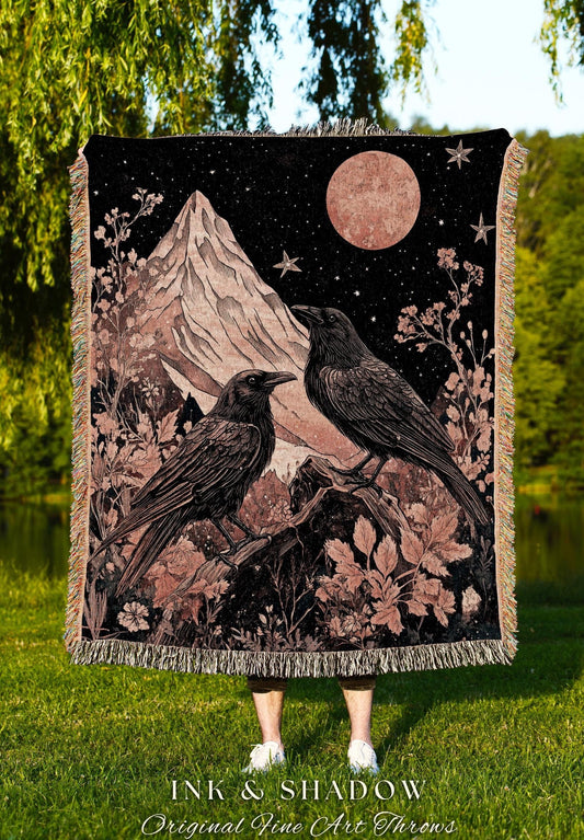 Mountain Moonlit Crow Celestial Gothic Enchantment Blanket , Whimsical Woodland Forestcore Raven Tapestry Vintage Peach Cottagegoth Crowcore