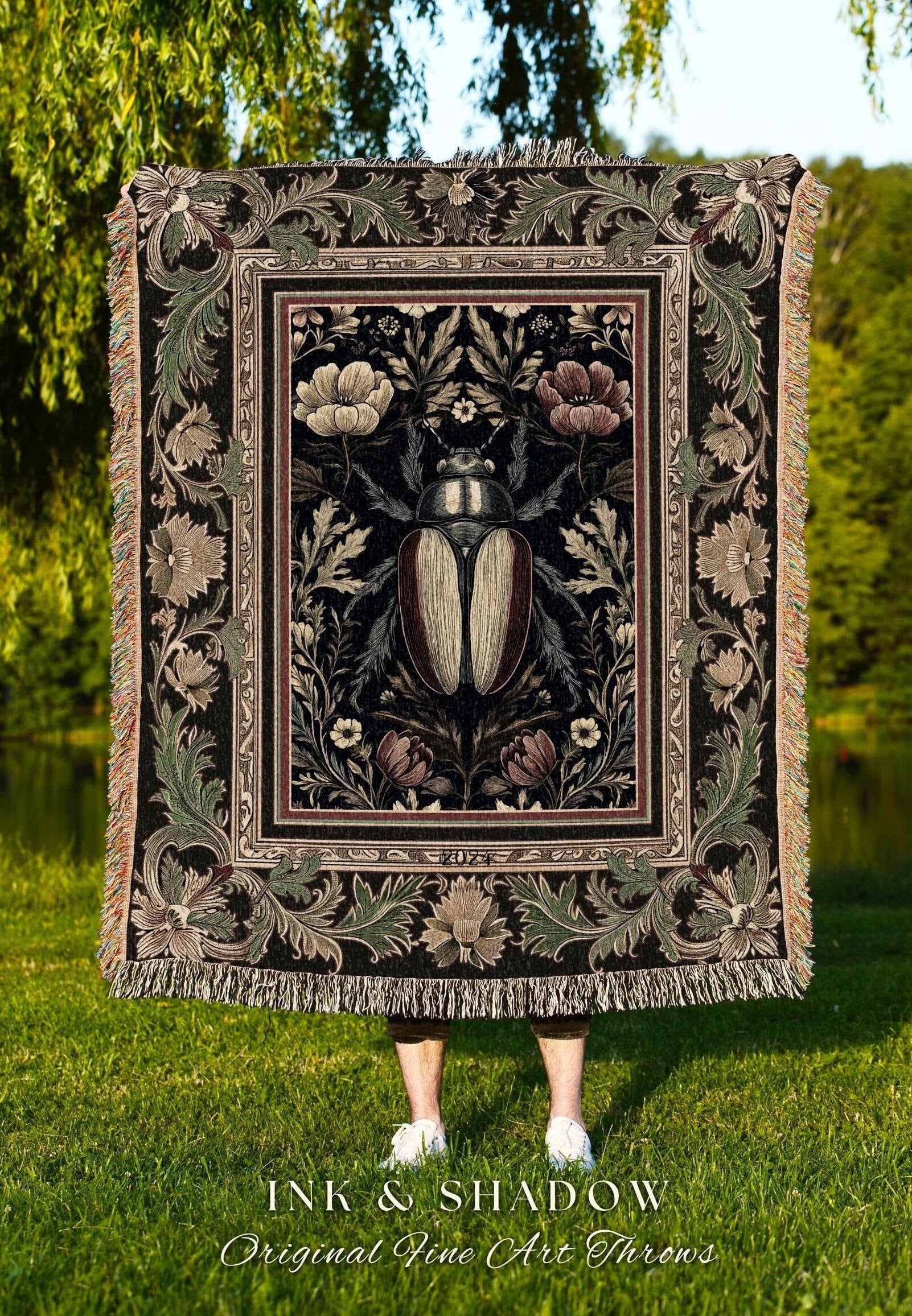 Dark Botanical Woodland Gothic Tapestry Throw Vintage Aesthetic Victorian Beetle Floral Whimsigoth Decor | Witchy Forestcore Bug Art Blanket