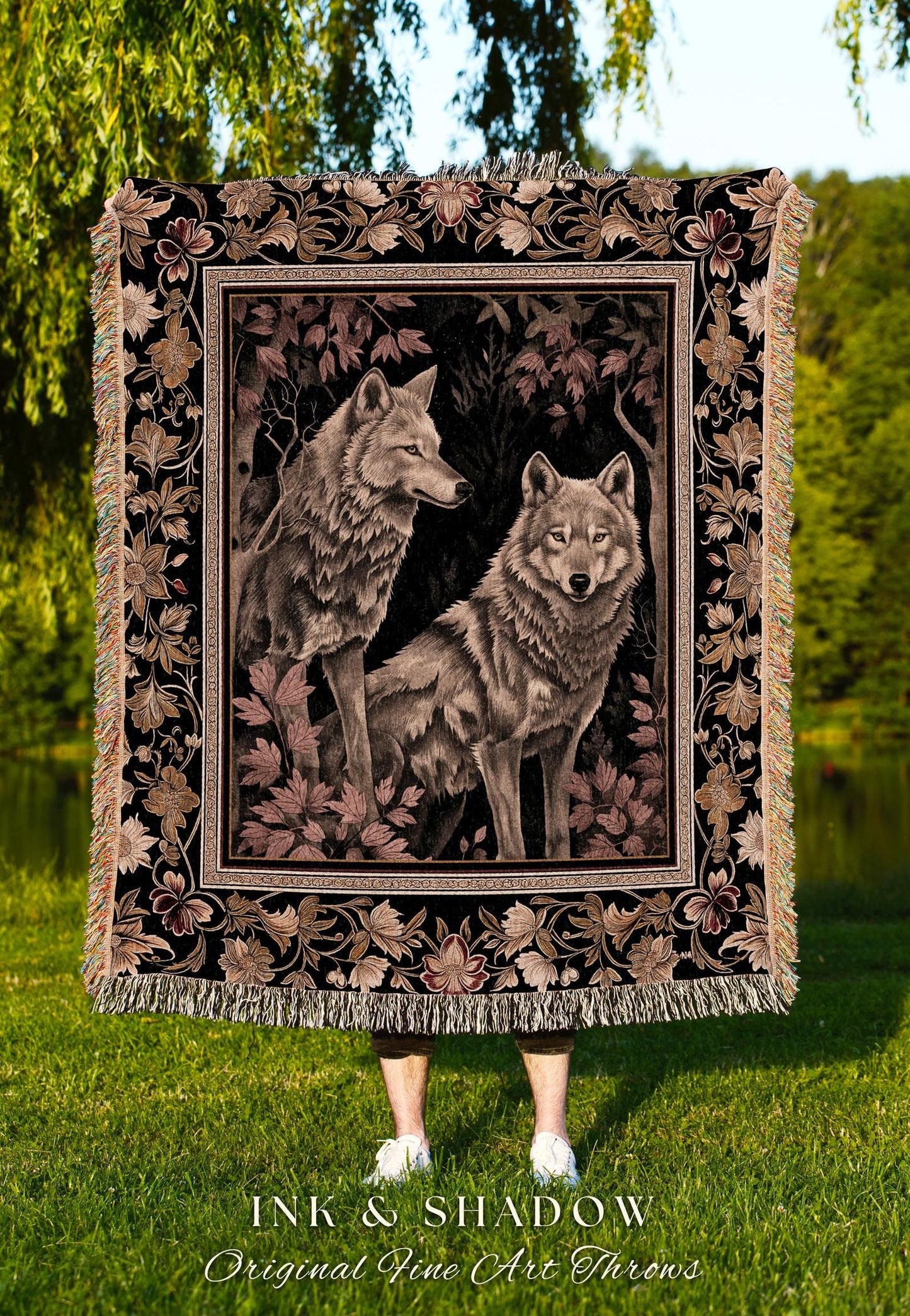 Scandi Woodland Wolf Blanket Nordic Style Whimsical Cottagecore, Victorian Gothic Fairytale Decor Enchanted Forest Wolves Art Tapestry Throw