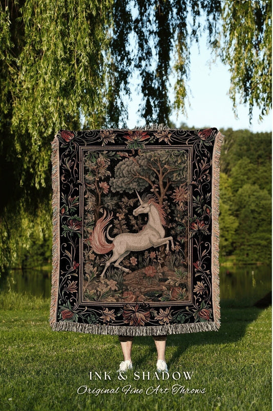 Folklore Unicorn Woven Tapestry | Princesscore Room Decor Cottagecore Throw Blanket Aesthetic Fairycore Bedroom Magical Unicorn Art Medieval