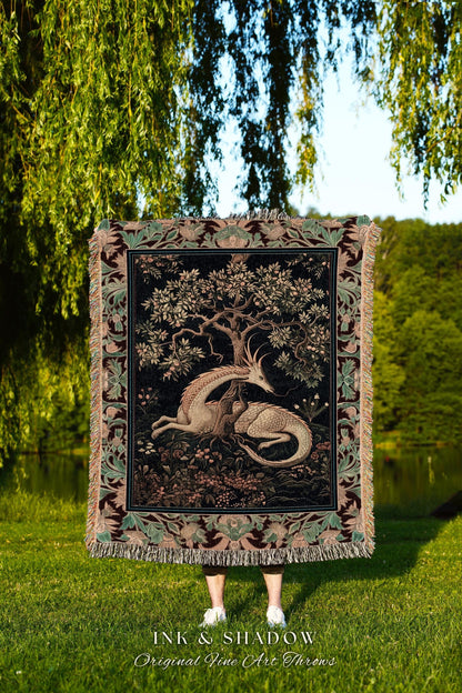 Renaissance Dragon Blanket Forestcore Victorian Gothic Charm, Antique Baroque Style Enchanted Medieval Fantasy Cottagecore Woodland Tapestry