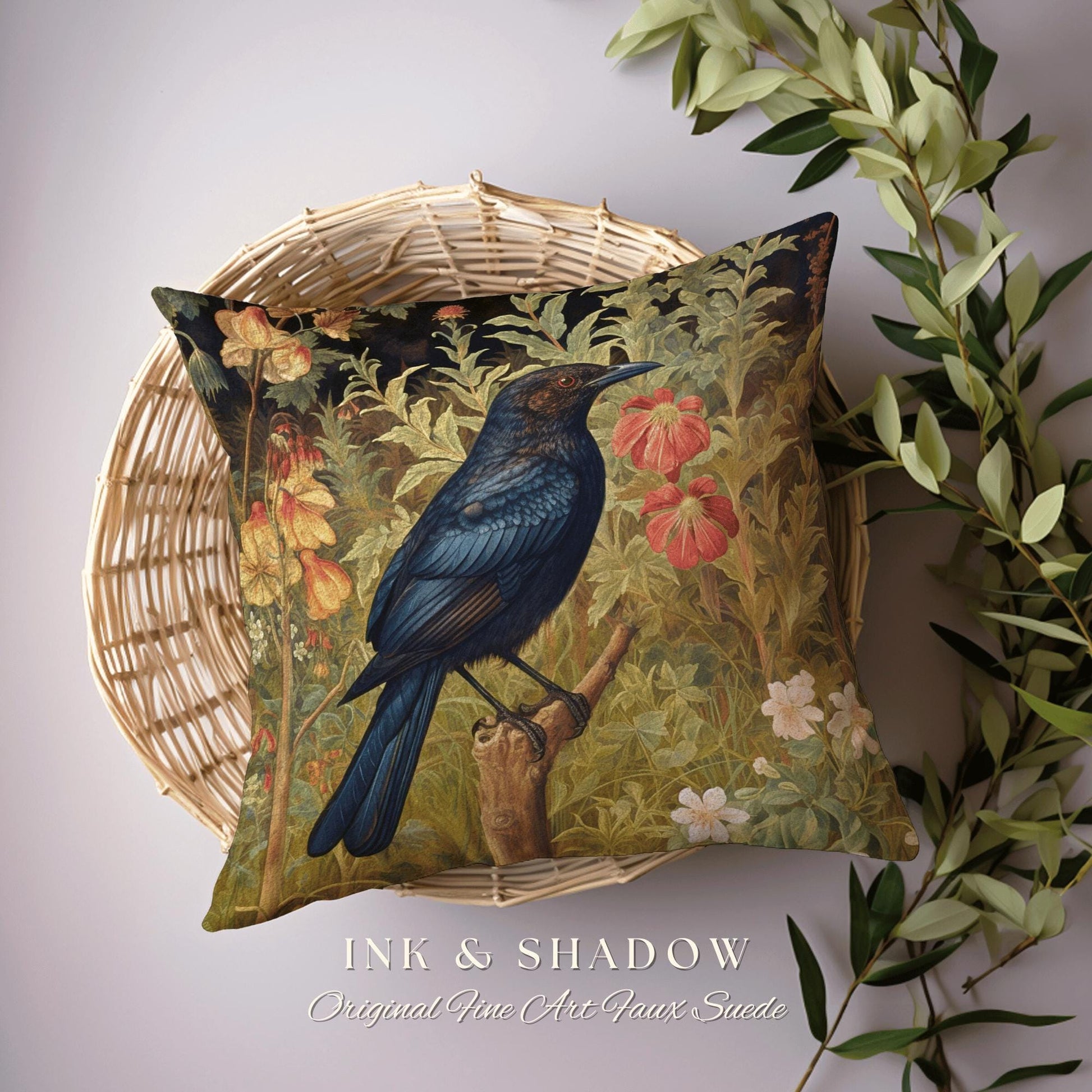 Woodland Gothic Botanical Raven Throw Pillow Vintage Cottgecore Crow Art Tapestry Cushion Rustic Farmhouse Cottagegoth Decor Crowcore Accent