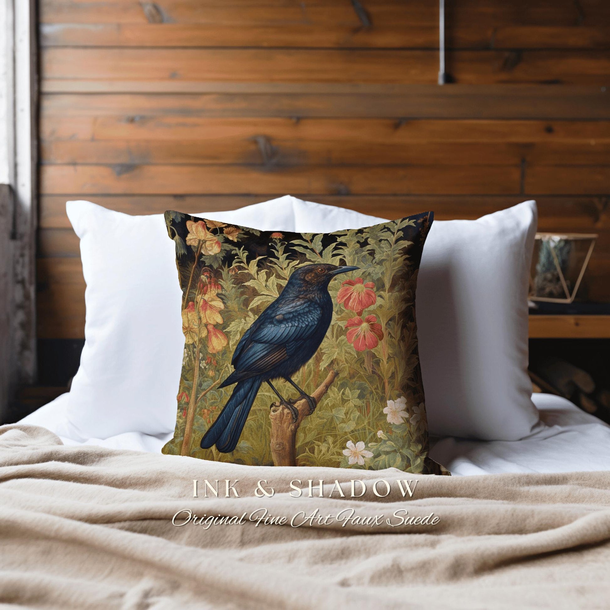 Woodland Gothic Botanical Raven Throw Pillow Vintage Cottgecore Crow Art Tapestry Cushion Rustic Farmhouse Cottagegoth Decor Crowcore Accent