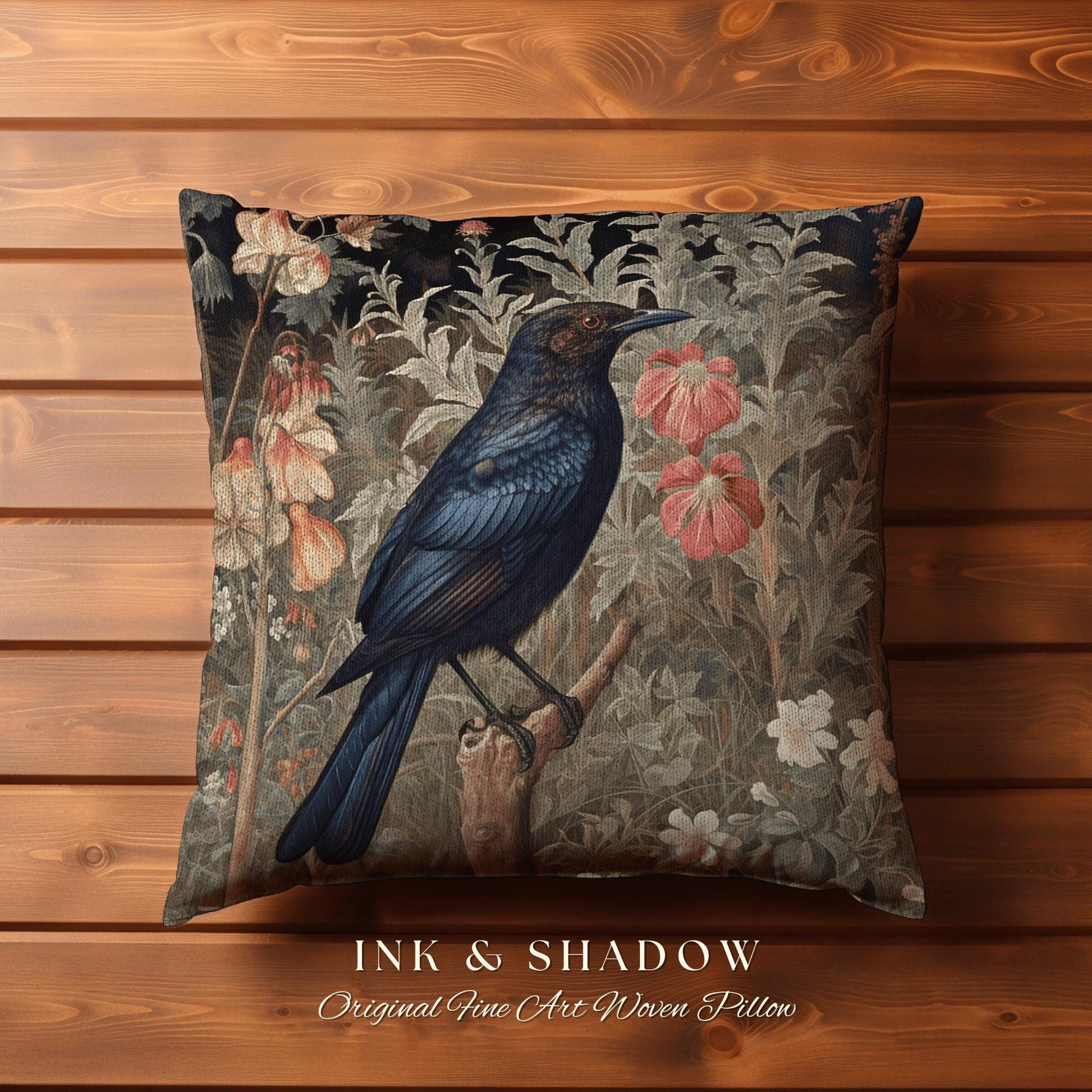 Woodland Gothic Botanical Raven Throw Pillow Vintage Cottgecore Crow Art Tapestry Cushion Rustic Farmhouse Cottagegoth Decor Crowcore Accent