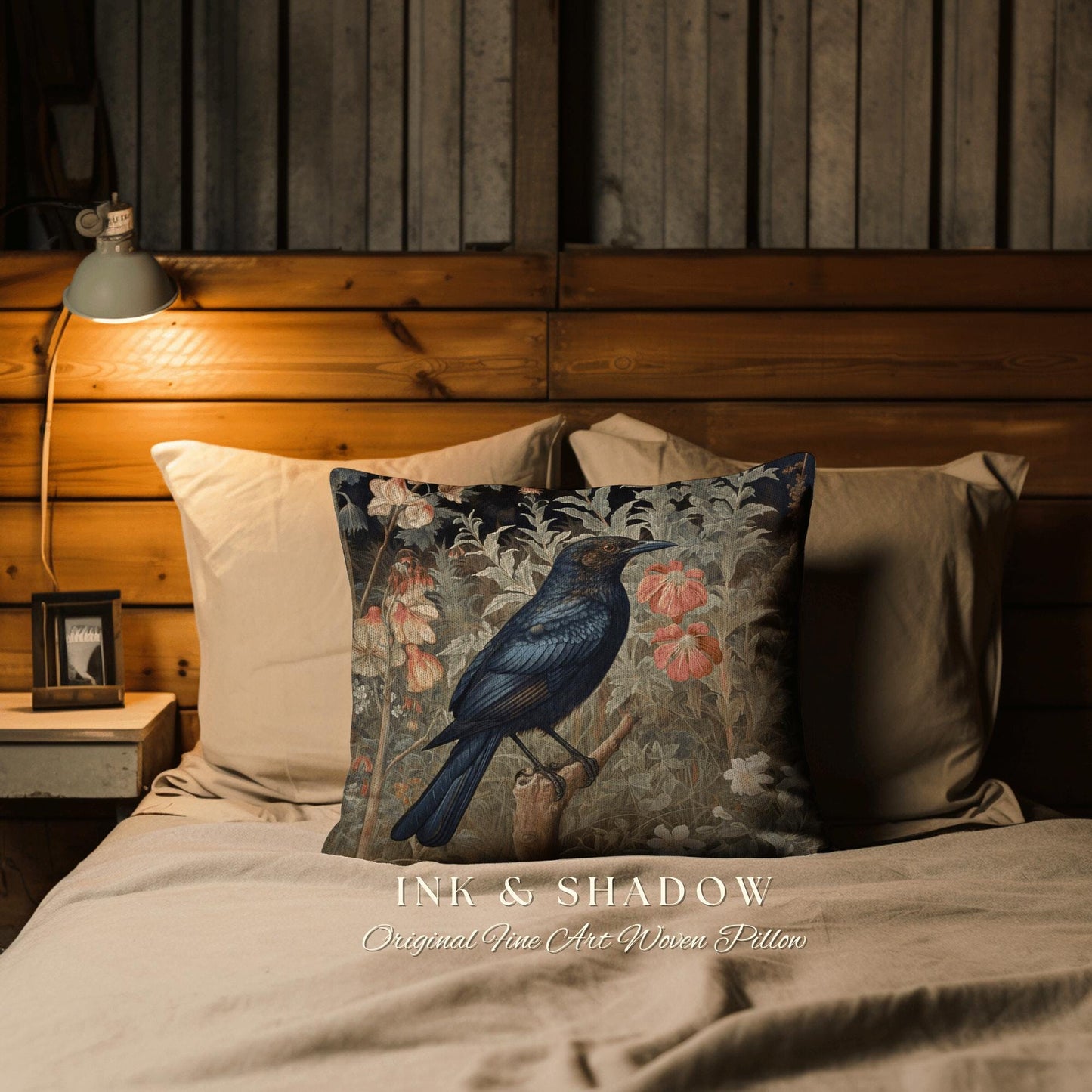 Woodland Gothic Botanical Raven Throw Pillow Vintage Cottgecore Crow Art Tapestry Cushion Rustic Farmhouse Cottagegoth Decor Crowcore Accent