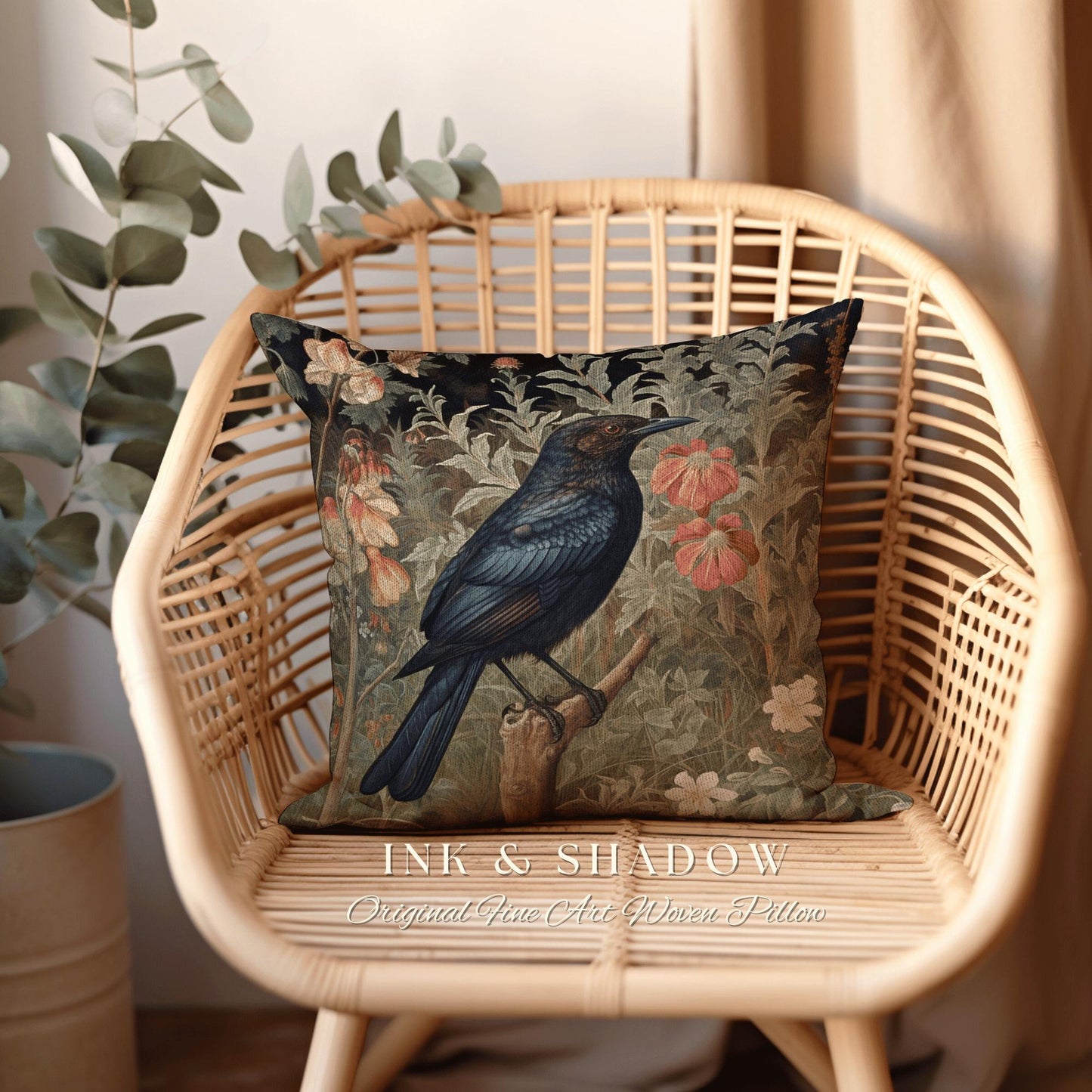 Woodland Gothic Botanical Raven Throw Pillow Vintage Cottgecore Crow Art Tapestry Cushion Rustic Farmhouse Cottagegoth Decor Crowcore Accent