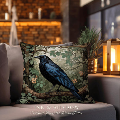 Forestcore Dark Botanical Raven Throw Pillow Woven Whimsigothic Art Tapestry Cushion, Woodland Gothic Crowcore Fairy Grunge Forest Aesthetic