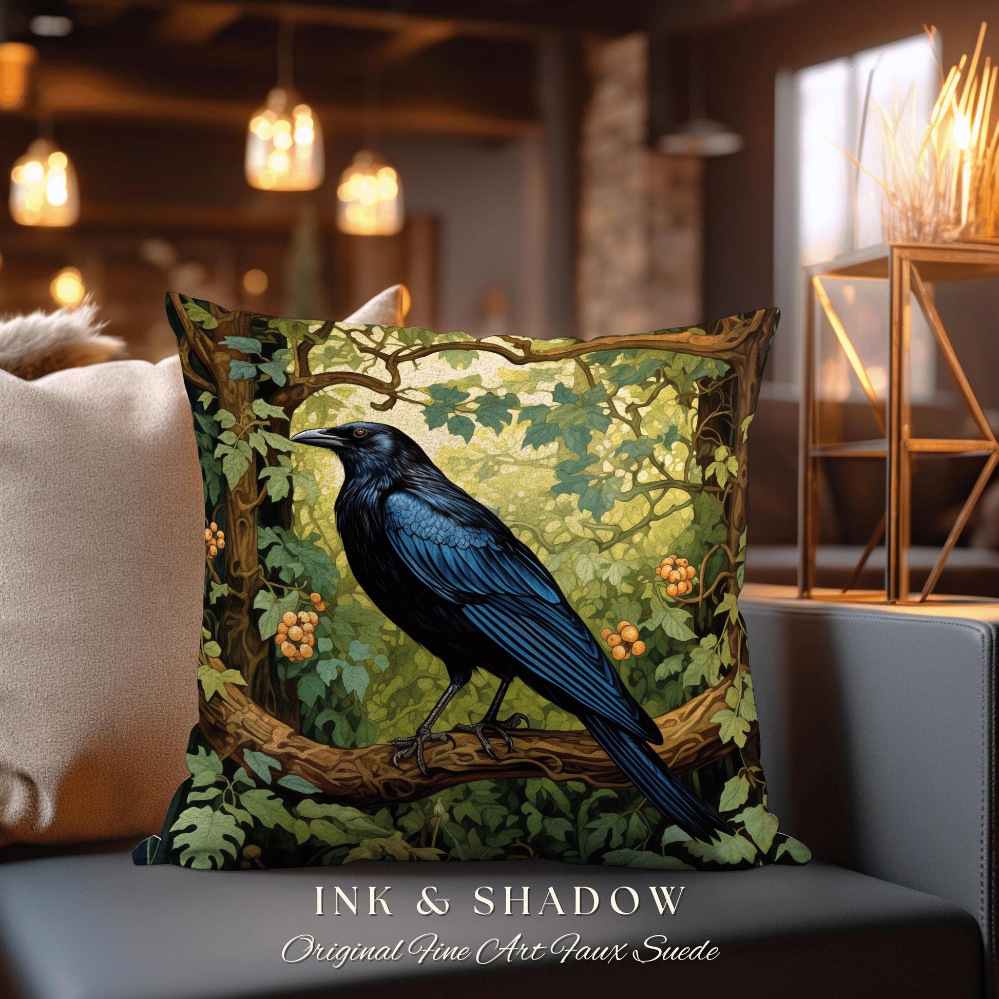 Forestcore Dark Botanical Raven Throw Pillow Woven Whimsigothic Art Tapestry Cushion, Woodland Gothic Crowcore Fairy Grunge Forest Aesthetic