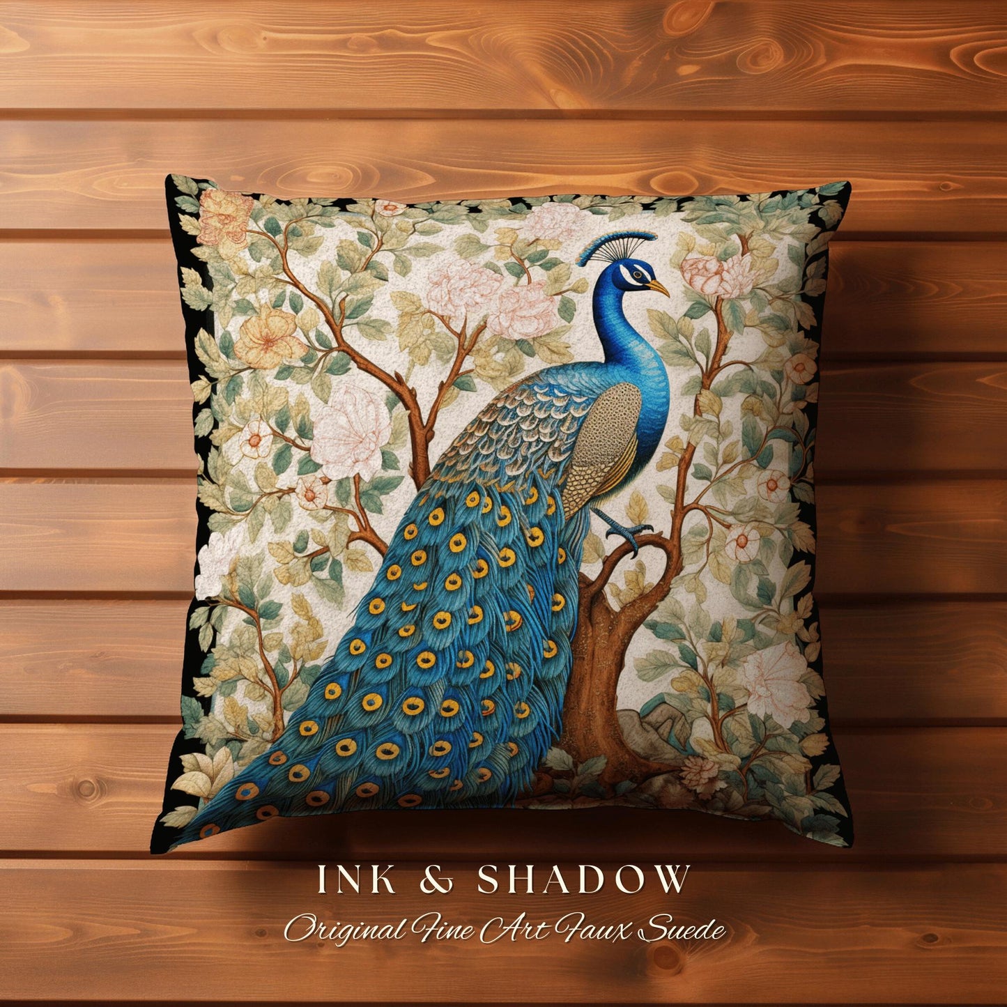 Whimsical Woodland Blue Peacock Pillow Cottagecore Floral Design, Baroque Woven Tapestry Cushion Victorian Inspired Nature Forestcore Accent