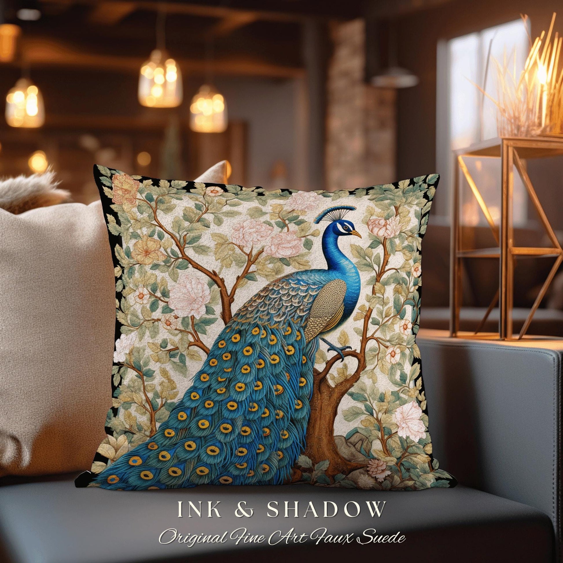 Whimsical Woodland Blue Peacock Pillow Cottagecore Floral Design, Baroque Woven Tapestry Cushion Victorian Inspired Nature Forestcore Accent