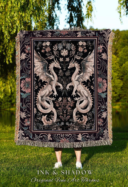 Victorian Gothic Dragon Blanket Enchanted Floral Baroque Tapestry Throw, Mystical Medieval Art Nouveau Woodland Charm Whimsigoth Cottagecore