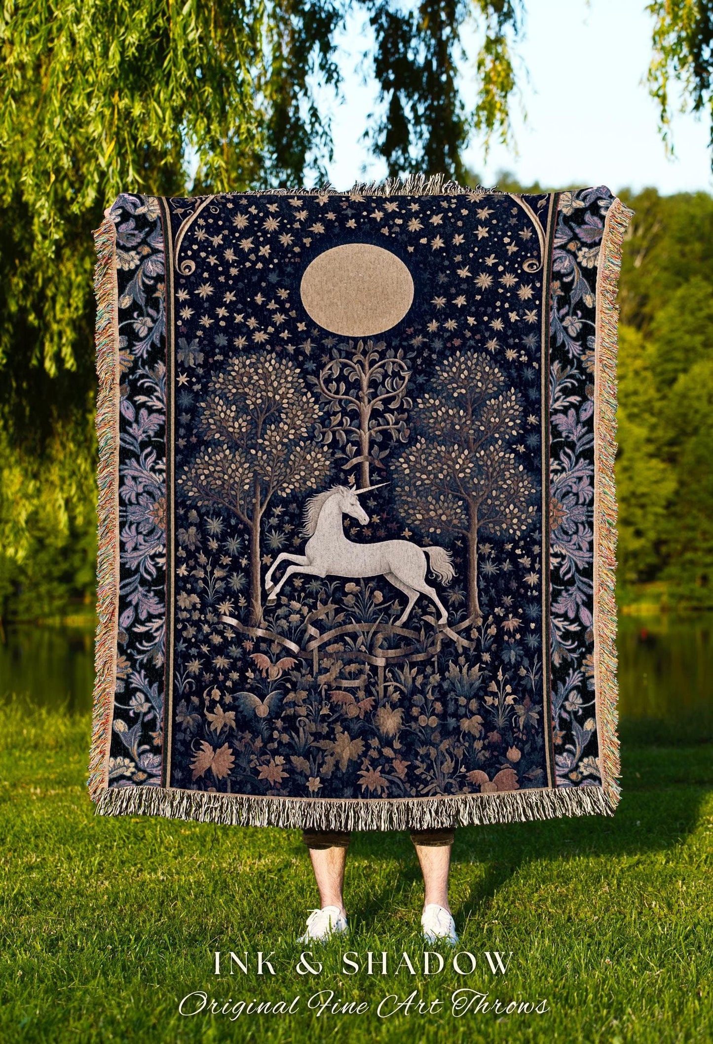 Medieval Fairytale Unicorn Tapestry | Gothic Whimsical Eclectic Fairycore Woven Blanket Victorian Gothic Dark Floral Decor French Baroque |