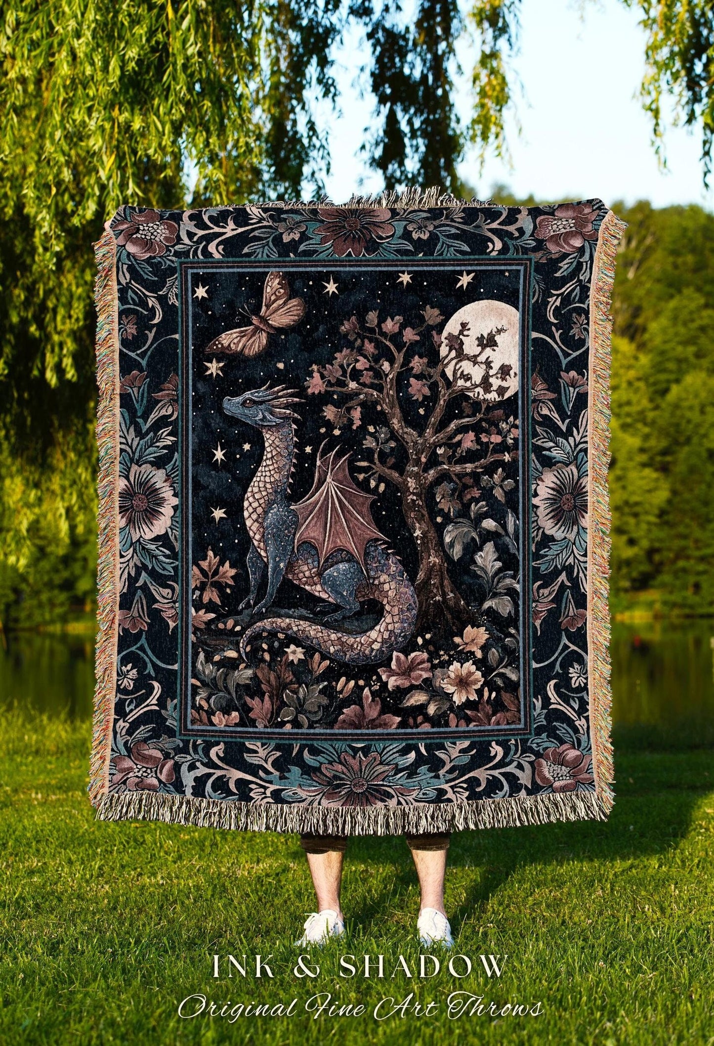 Enchanted Woodland Dragon Blanket Mystical Night Sky Decor | Moonlit Forest Whimsigothic Tapestry Throw Celestial Dark Academia Fantasy Art