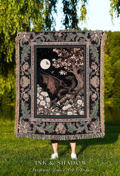 Dreamscape Blanket Twilight Dragon Dark Floral Enchanted Victorian Gothic Art Decor | Mystic Forest Whimsical Folklore Magic Tapestry Throw