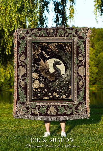 Woodland Gothic Dragon Blanket Mystical Forest Green Full Moon Celestial Magic Fantasy Art | Whimsigothic Enchanted Fairytale Tapestry Throw