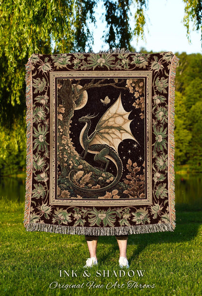 Mystical Dragon Blanket Gilded Hygge Antique Moonlit Forest Fantasy Art Throw | Vintage Celestial Romantic Baroque Woodland Gothic Tapestry