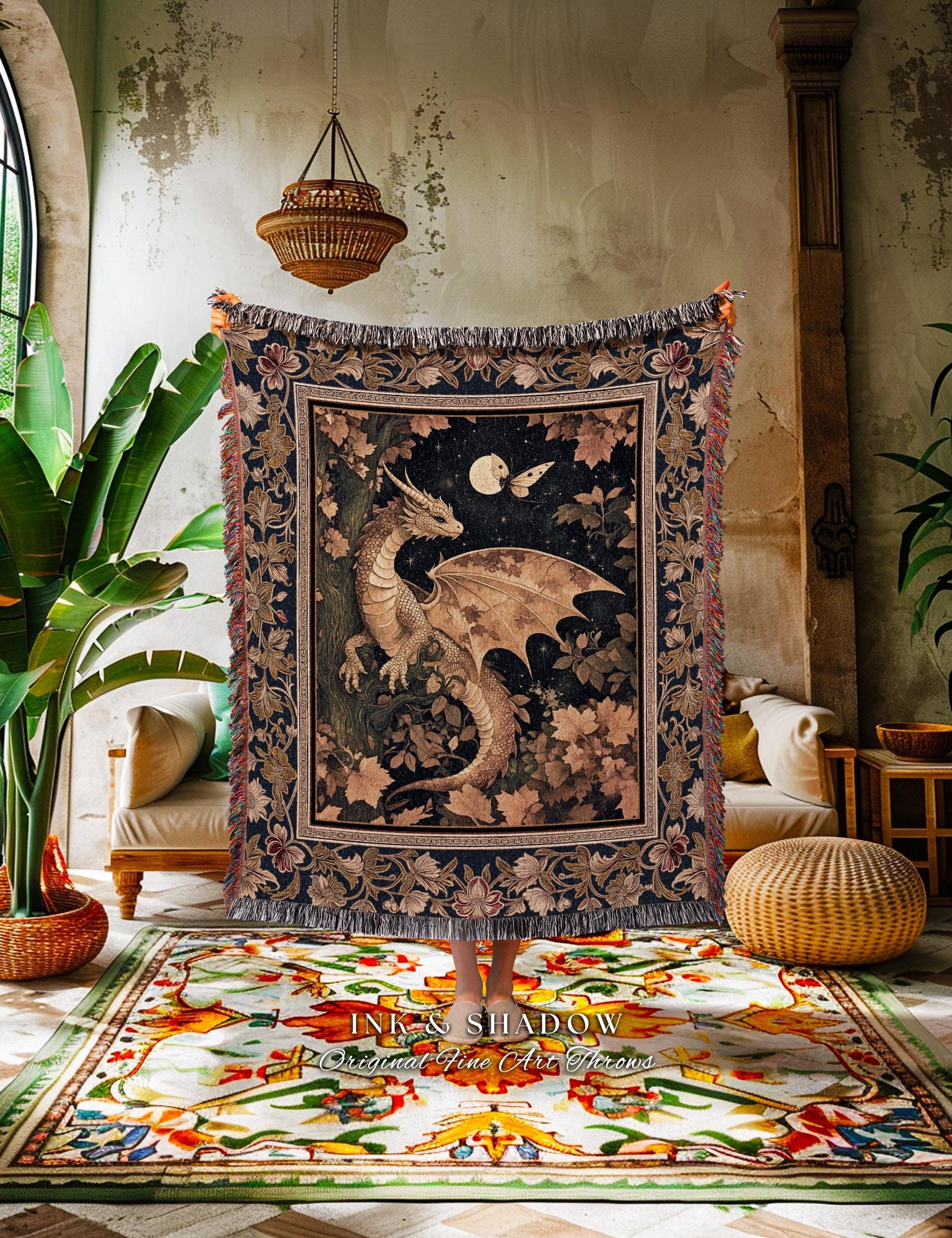 Ethereal Dragon Tapestry Throw Antique Mystical Moonlit Forest Fairytale Decor | Enchanted Fairycore Celestial Night Art Fantasy Decor |