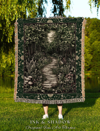 Ethereal Woodland Meadow Tapestry | Dark Academia Folklore Fairy Core Aesthetic Blanket Magical Bedroom Emerald Green Home Decor Botanical