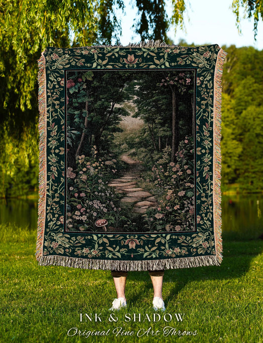 Woodland Forest Cottagecore Blanket | Fairycore Aesthetic Magical Woodland Bedroom Emerald Green Home Decor Whimsigothic Tapestry Indie Room