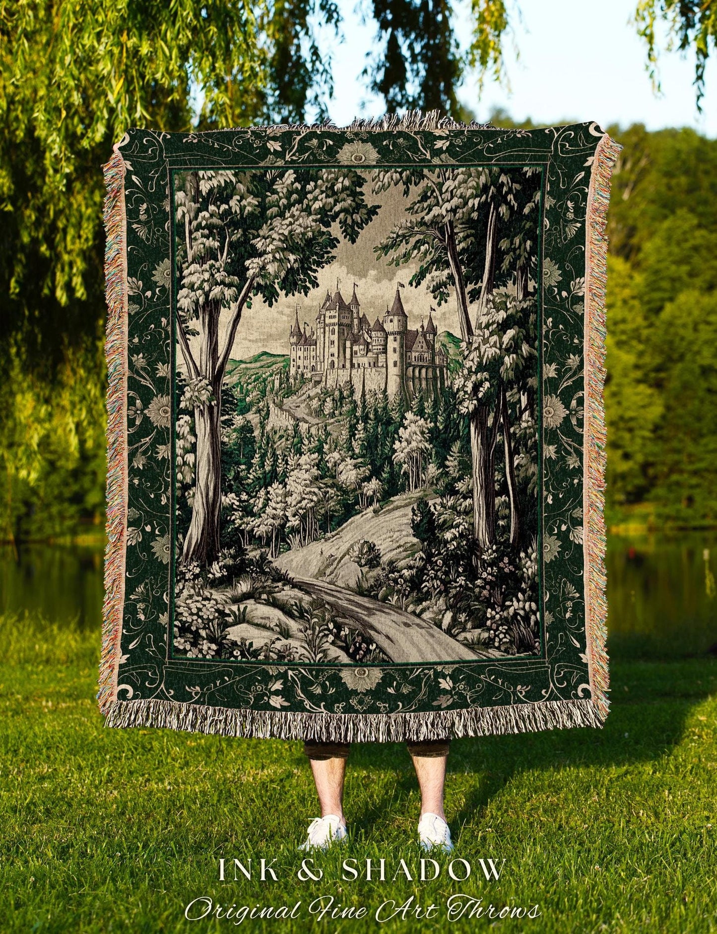 Medieval Castle Woodland Forest Tapestry Blanket Forestcore Dark Academia Fairytale Decor | Fairycore Magical Emerald Green Landscape Throw