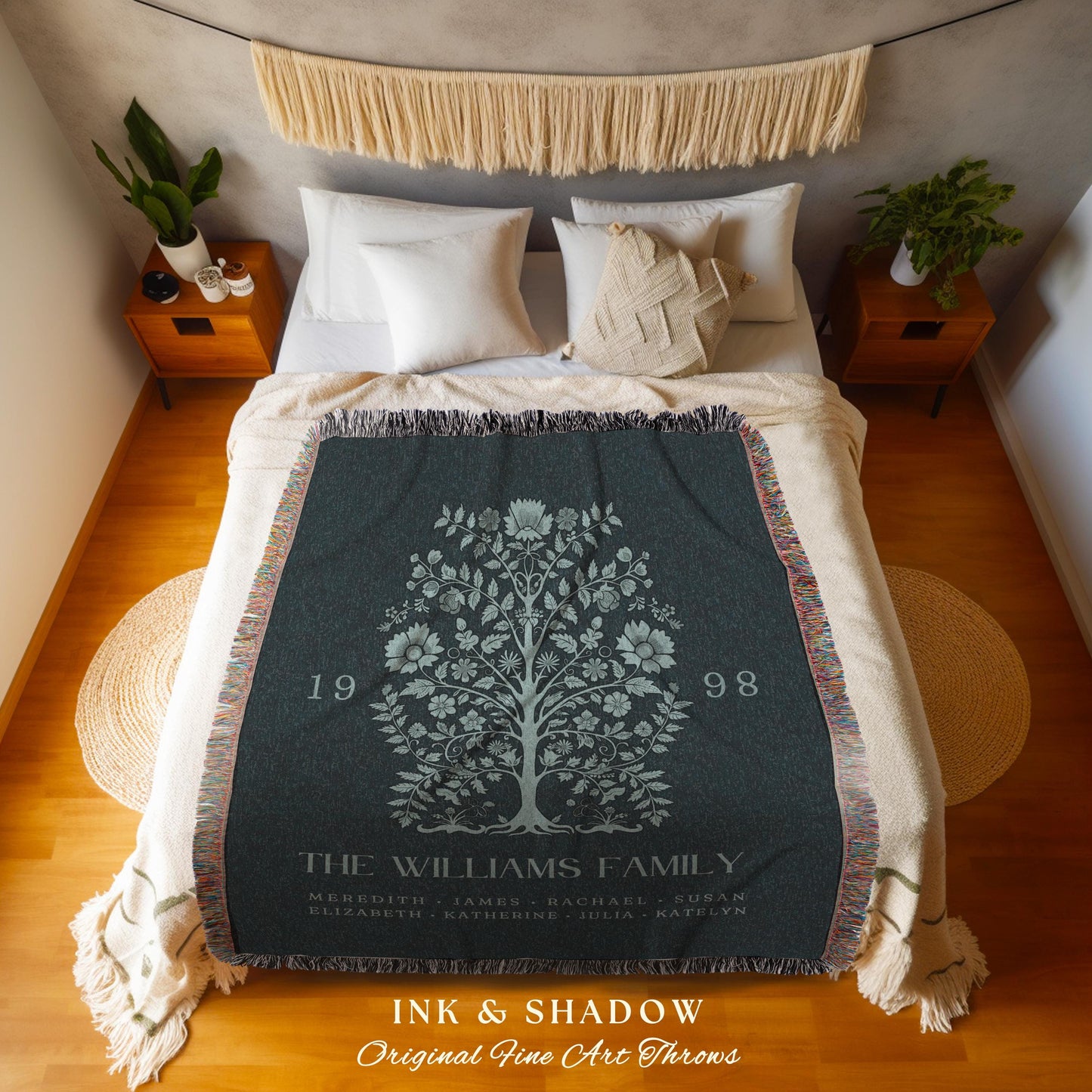 Family Heritage Personalized Woven Tapestry | Custom Family Tree Blanket Meaningful Wedding Gift Sentimental Established Year Gift for Mom