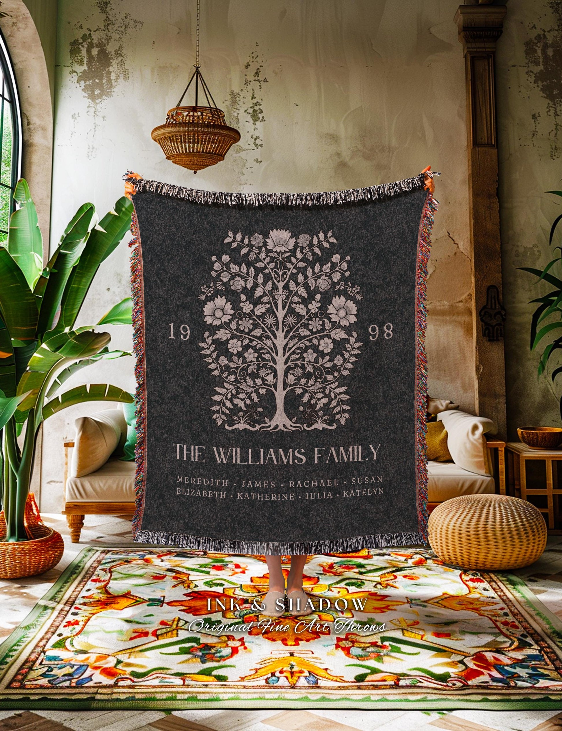 Our Family Home Blanket Custom | Cozy Family Tree Throw Blanket Personalized Names Rustic Housewarming Gift for Grandma from Grandchildren |