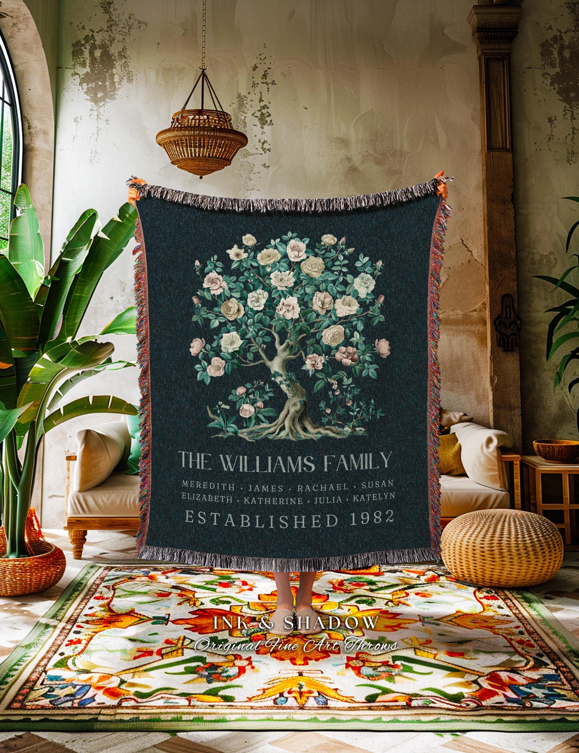 Sentimental Family Tree Personalized Tapestry | Custom Family Names Woven Blanket Meaningful Wedding Gift Sentimental Established Year Gift