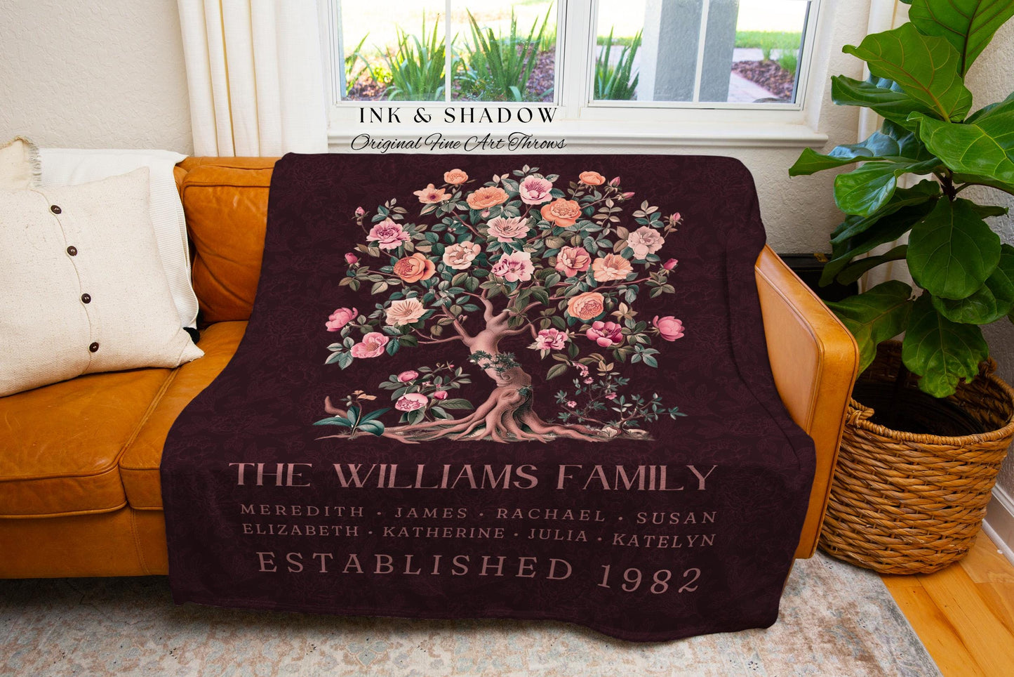 Elegant Family Tree Tapestry Blanket | Custom Cotton Throw Blanket Meaningful Family Names Personalized Mom Appreciation Thoughtful Gift |