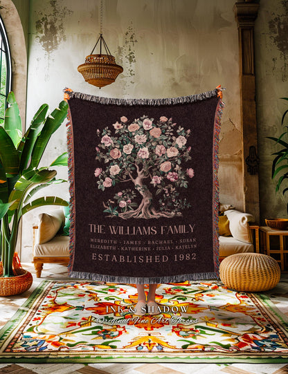 Elegant Family Tree Tapestry Blanket | Custom Cotton Throw Blanket Meaningful Family Names Personalized Mom Appreciation Thoughtful Gift |