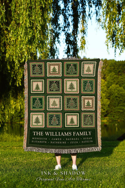 Personalized Family Christmas Tree Blanket with Names Sentimental Gift for Grandparents Custom Nostalgic Cottagecore Festive Tapestry Throw