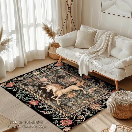 Elegant Floral Unicorn Rug | Princesscore Room Decor William Morris Inspired Cottagecore Aesthetic Fairycore Bedroom Magical Unicorn Mythic