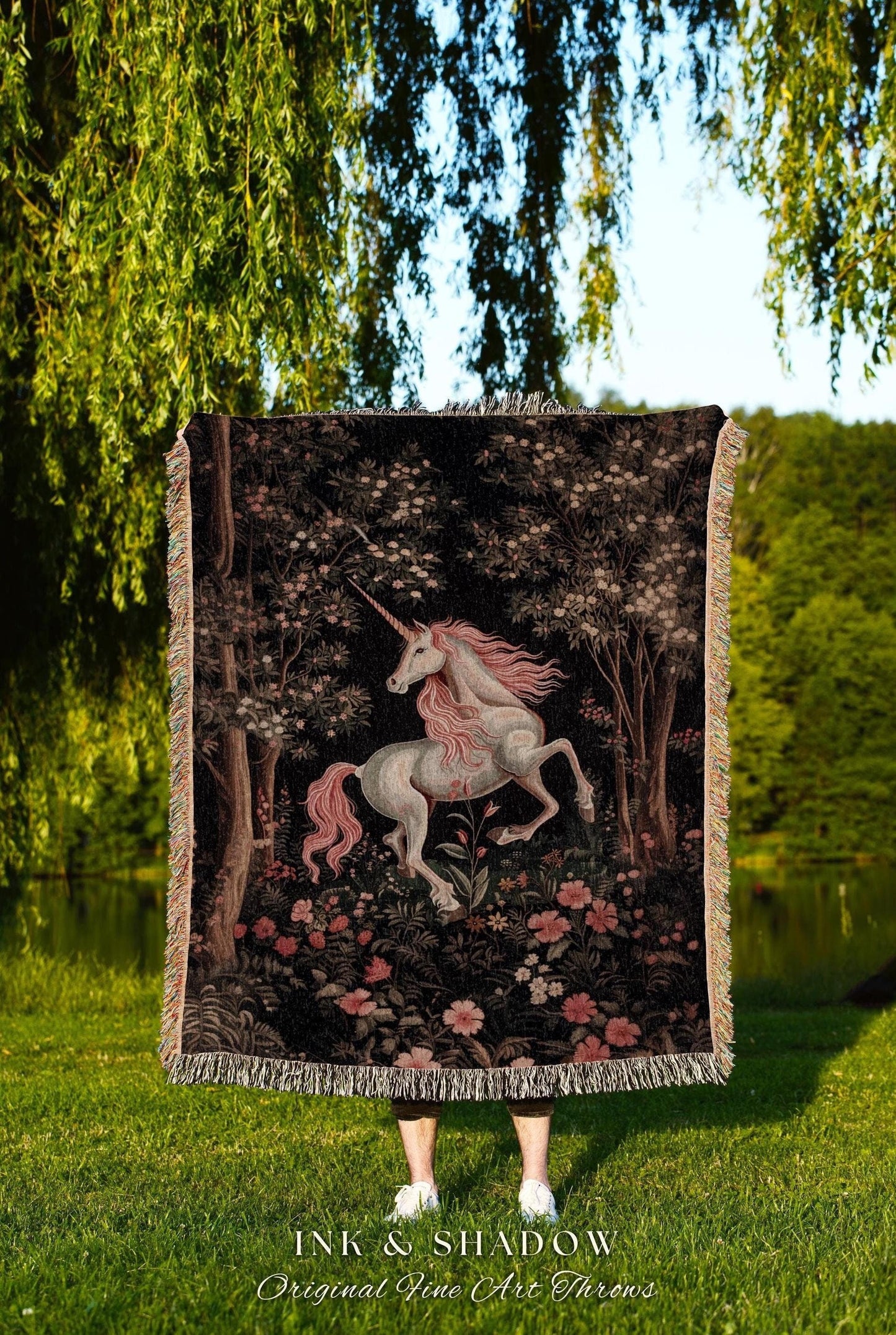 Enchanted Forest Mythical Unicorn Tapestry Throw Ethereal Botanical Fairycore Woodland Gothic Dark Floral Magical Creature Fairytale Blanket