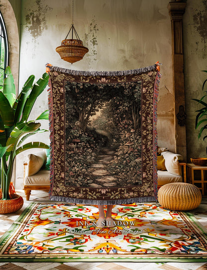 Fairy Ethereal Forest Tapestry Blanket Mystic Dark Academia Folklore Inspired, Magical Medieval Forestcore Botanical Woodland Woven Throw